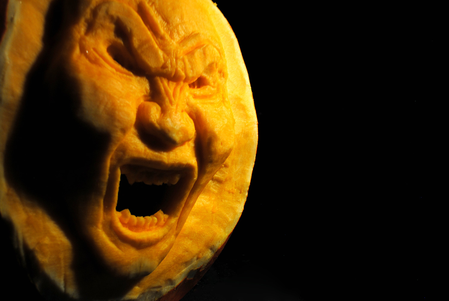 3D carved pumpkin face from Smith the Pumpkin Carver