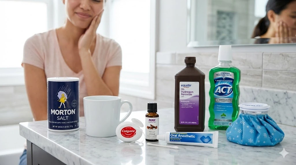 Toothache home remedies arranged on a bathroom counter, including Morton salt for a rinse, Colgate dental floss, clove oil with a swab, oral anesthetic gel, hydrogen peroxide, ACT fluoride rinse, and a blue cold compress ice bag. A woman experiencing dental pain is softly blurred in the background holding her jaw.
