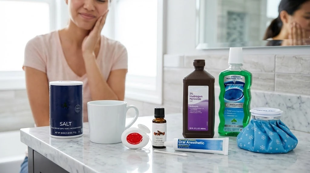 Toothache home remedies arranged on a bathroom counter, including Morton salt for a rinse, Colgate dental floss, clove oil with a swab, oral anesthetic gel, hydrogen peroxide, ACT fluoride rinse, and a blue cold compress ice bag. A woman experiencing dental pain is softly blurred in the background holding her jaw.